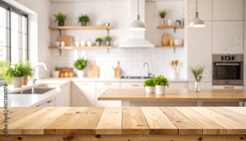 wooden top table with blurry background kitchen set modern