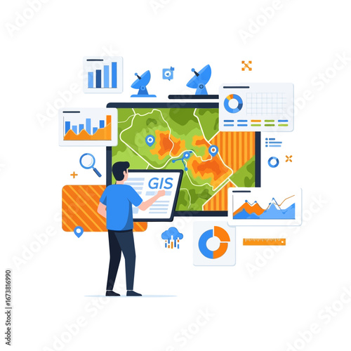 Man interacting with a large digital cartography screen, analyzing location intelligence and geospatial data with modern infographics
