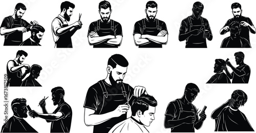 Barber cutting hair, male hairstylist, hairdresser styling men, professional grooming, haircut process, salon service, hair care, barber shop