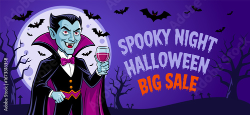 Halloween sale banner template. Vampire costume. Halloween promotion poster sale banner design. Halloween sale poster template. Halloween discount with vampire in a spooky Halloween night sale