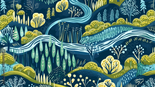 Vector background with natural panorama and stylized forest and river, hand-drawn style. 