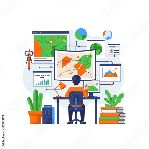 Analyst at a high-tech command center working with an automated system for geographic data analysis and cartography