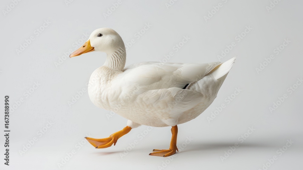 Obraz premium White duck walking against gray background