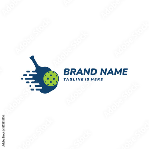 The modern sports logo features a pickleball racket with a fast-moving effect and a distinctive pickleball ball with a hole in it. This design symbolizes dynamism, energy, and speed.