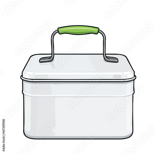 A retro metal lunchbox with a green handle