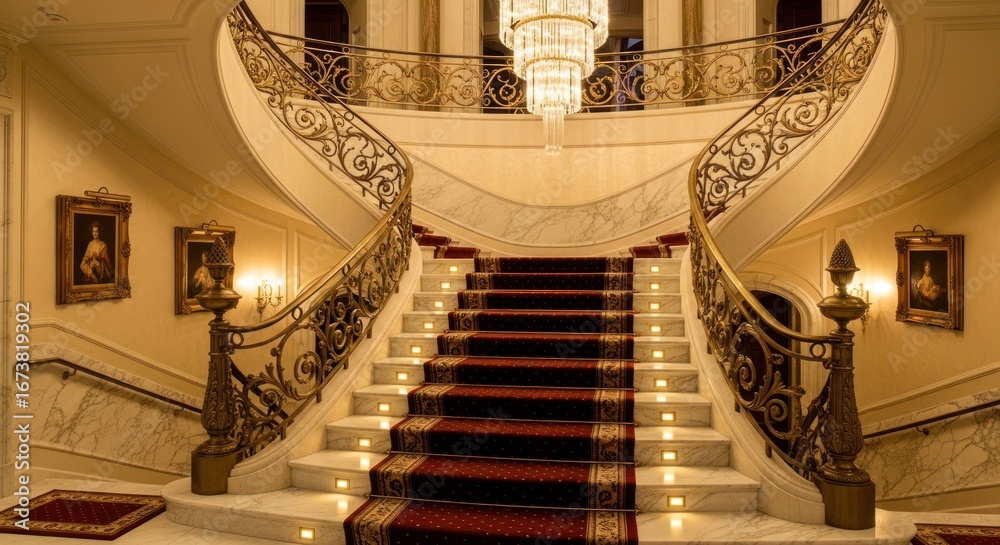 Fototapeta premium Elegant Marble Staircase with Red Carpet and Ornate Gold Railings and Chandelier