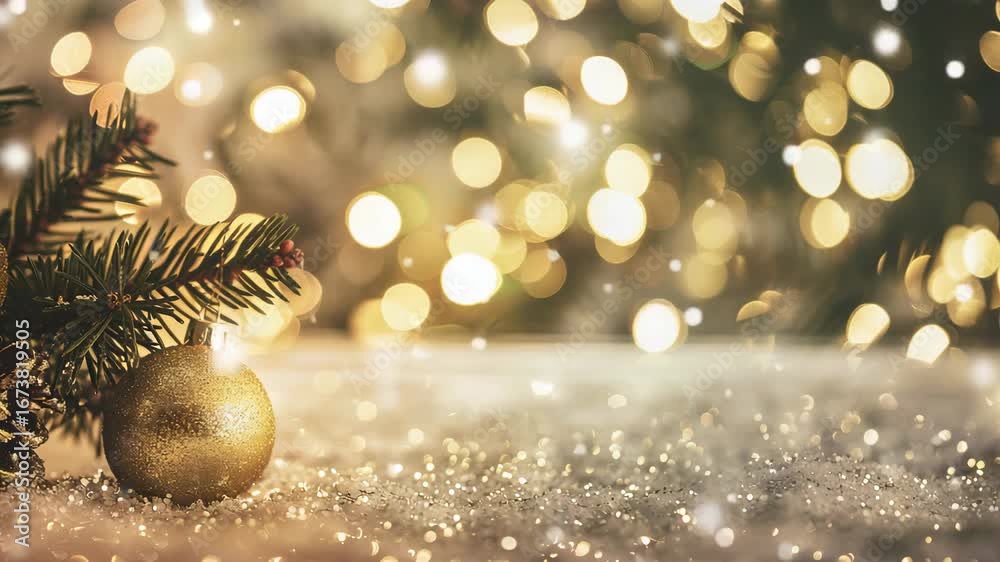 Golden Christmas and new year abstract video with heavy snowing on blurred bokeh background Christmas tree toys.Slow motion.AI Generative.