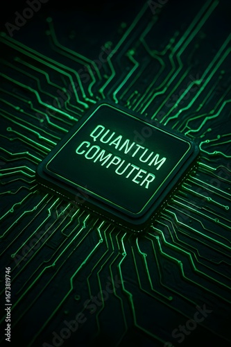 Futuristic Quantum Computer Microchip with Glowing Green Circuits
