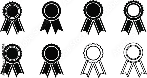 Vector art of a collection of award ribbons and badges in black and white