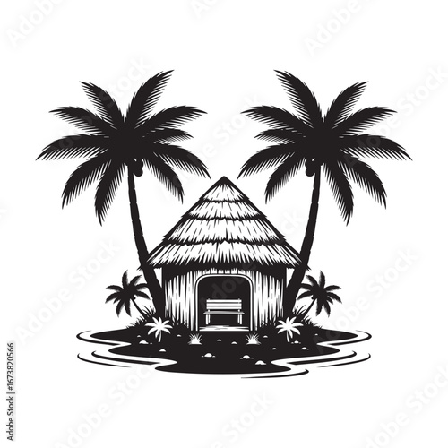 Thatched Hut with Palm Trees Tropical Holiday Vector