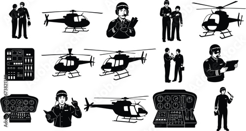 Helicopter pilot silhouettes, aviation cockpit controls, flight crew communication, helicopter flying, pilot briefing, aviation teamwork, helicopter operation, flight safety, pilot headset