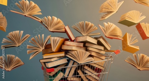 A shopping cart overflowing with books, with dozens of open books flying around it. A dynamic and chaotic concept for book sales, love of reading, or information overload.