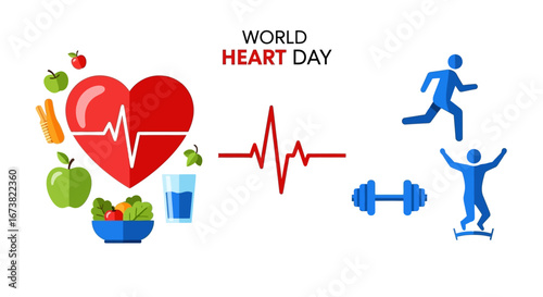 World Heart Day Infographic Vector Healthy Lifestyle, Fitness, and Medical Icons