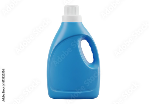 Bright blue laundry detergent bottle with white cap and handle isolated on transparent background