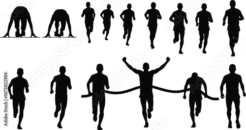 Runner silhouettes, sprint start, marathon race, athletic running, fitness training, competition finish line, sports endurance, healthy lifestyle, jogging, victory celebration