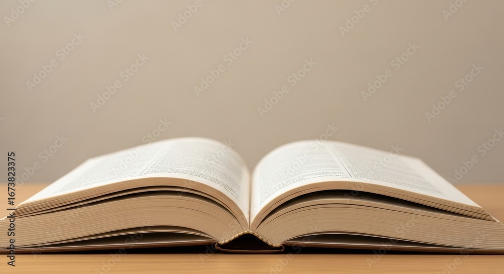Obraz premium An open hardcover book lying flat on a wooden desk against a neutral wall with copy space. A minimalist concept for reading, studying, and gaining knowledge.