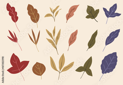 秋色リーフイラストセット。紅葉や落ち葉のデザイン素材　ベクター