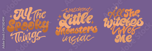 Happy Halloween set - Trick or treat – funny cute  hand drawn doodle lettering label, t-shirt design, mug print, sticker print. 100% hand drawn vector