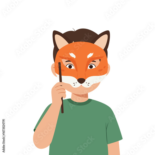 Cartoon style child illustration peeking through fox paper mask.