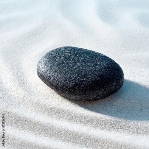 Smooth dark pebble resting on a rippled white sand dune under soft light, zen concept