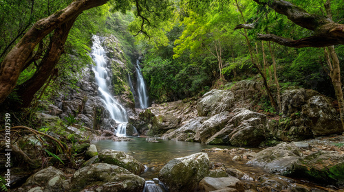 view from the mountain waterfall in the forest mountains wallpaper