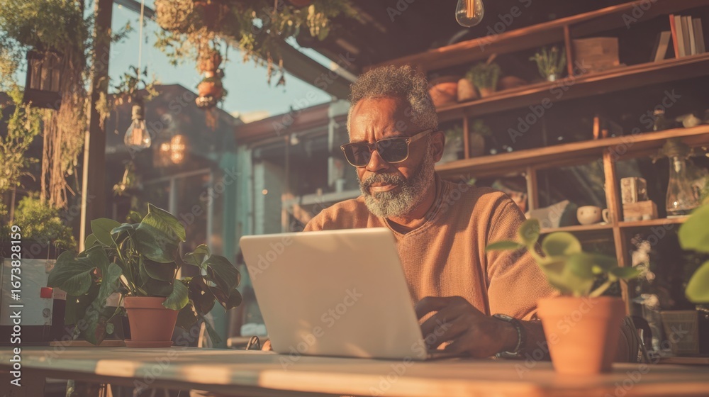 Naklejka premium Businessman working outdoors, focused on tasks while enjoying fresh air.