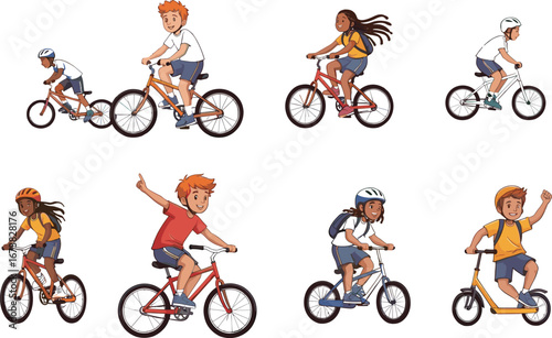 Active kids riding bicycles and scooters outdoors, wearing helmets and backpacks, enjoying exercise, outdoor fun, healthy lifestyle, biking adventure, kids playing