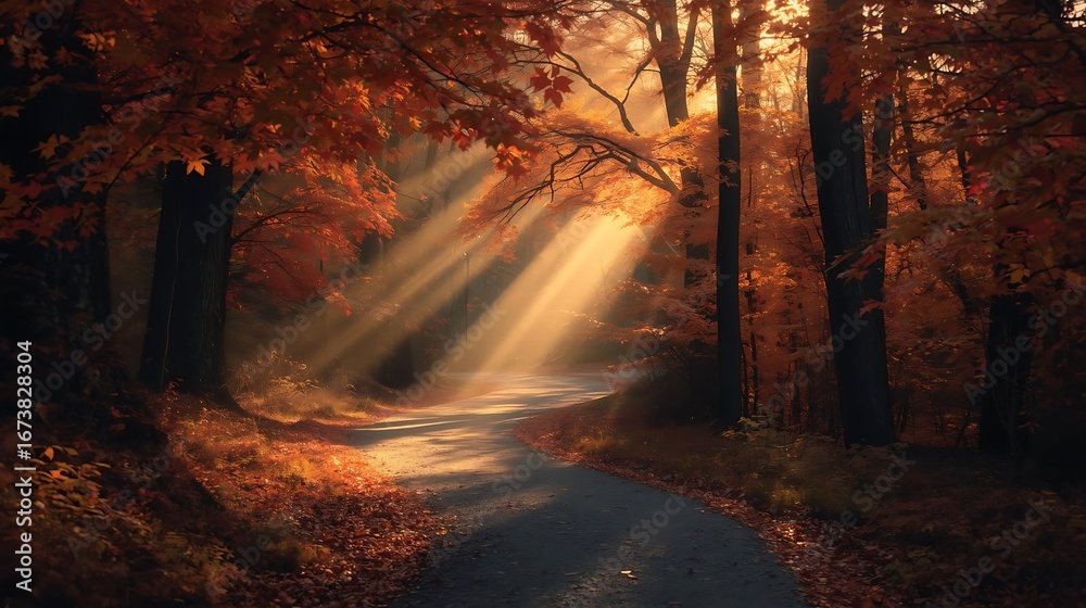 Fototapeta premium Autumn Forest Path with Golden Light Beams, magical woodland scene