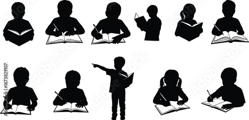 Silhouettes of children reading books, writing in notebooks, learning, studying, education, school activities, kids with books, creative learning.