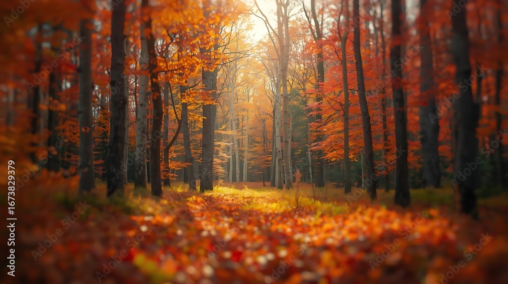 Obraz premium Autumn Forest Clearing with Golden Light, dreamy woodland scene