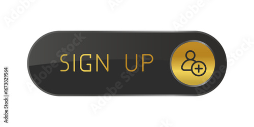 Golden and black CTA button with text: Sign up, user, UI design.