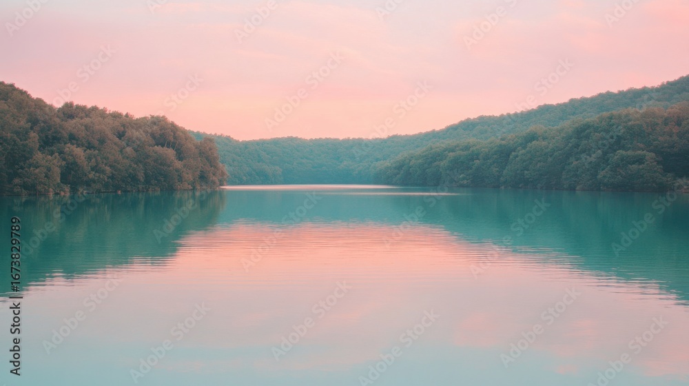 Fototapeta premium Serene lake with a pink and purple sky in the background.