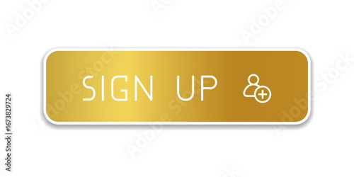 Golden CTA button with text: Sign up, user, UI design.