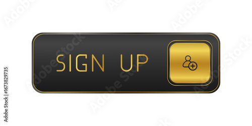 Golden and black CTA button with text: Sign up, user, UI design.