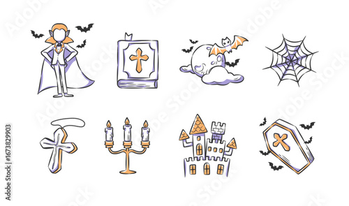 Set of halloween dracula or vampire illustration . Hand drawn icon . Vector .