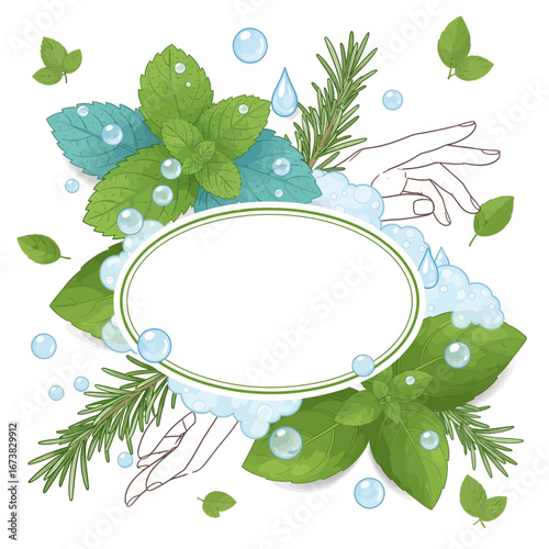 Herbal hand sanitizer bottle label design featuring mint, rosemary, bubbles, and a clean hand, an empty oval frame for text, vector illustration