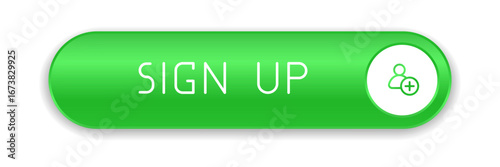 Green CTA button with text: Sign up, user, UI design.