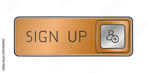 Orange CTA button with text: Sign up, user, UI design.