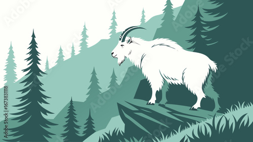 Mountain goat vector illustration in forest landscape nature wildlife animal design graphic art concept 1