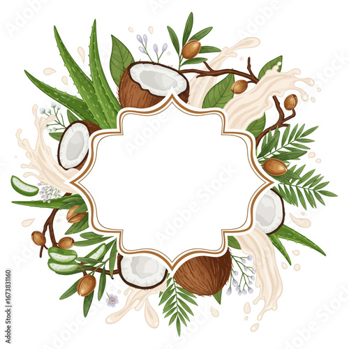 Coconut, argan, and aloe vera natural cosmetics label illustration with a creamy splash for vegan hair conditioner bottle packaging
