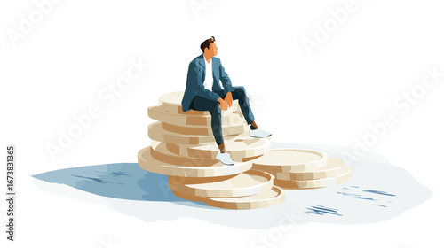 a man sitting on a stack of gold coins, flat design vector illustration