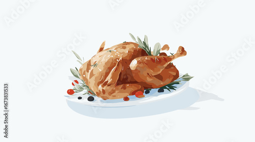 Delicious roasted and grilled chicken with vegetables, a perfect appetizer or dinner dish, roast turkey, thanksgiving flat design vector illustration