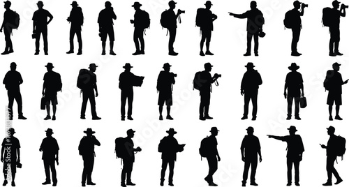 Silhouettes of male tourists with backpacks, maps, cameras, and phones exploring, navigating, and traveling in outdoor adventure and hiking scenes.