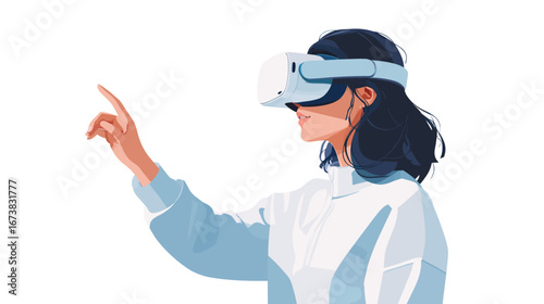 a woman with virtual reality goggle glass, vr technology tech flat design vector illustration