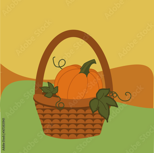 Zucca con foglie in un cesto davanti al paesaggio collinare