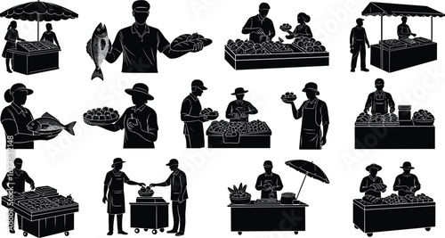 Silhouettes of market vendors selling fish, fruits, vegetables, farmers market scenes, street food stalls, local produce, shopping and selling activities
