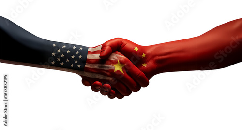 Symbolic handshake between two painted hands representing the flags of the USA and China, illustrating diplomacy, trade relations, or geopolitical partnerships.