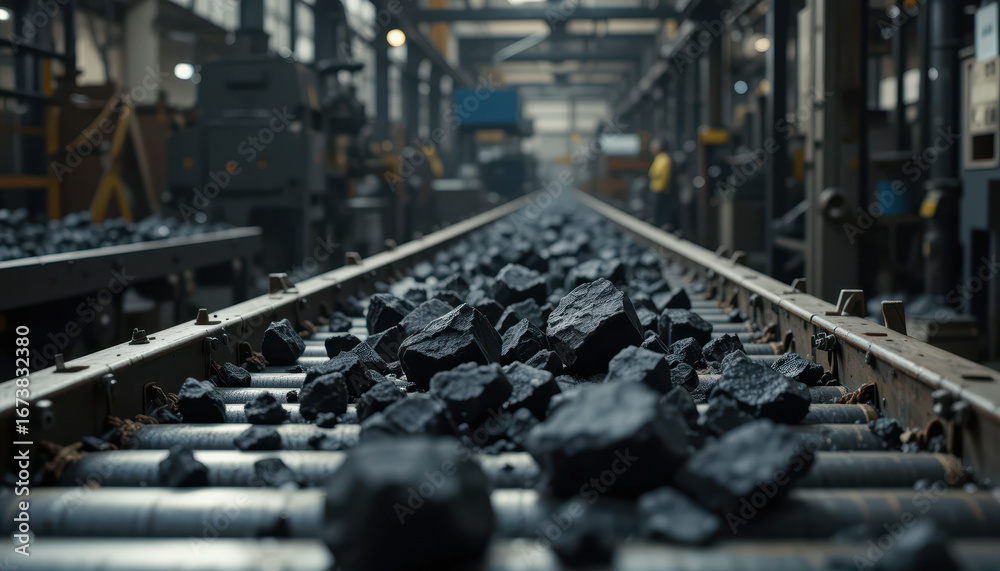 Obraz premium Industrial coal processing action at manufacturing facility material handling environment close-up viewpoint