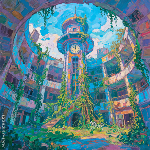 Abandoned Futuristic Clock Tower with Circular Atrium Illustration