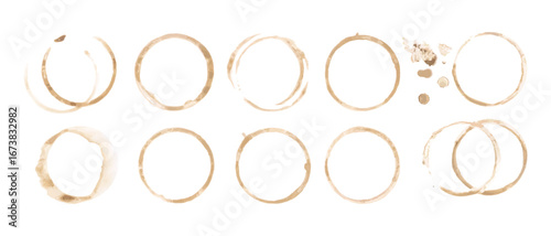 Coffee cup or tea stain drink ring vector illustration set isolated on white background. Coffee stain mark trace ring cup spot trace. Brown round splashes of drink collection.